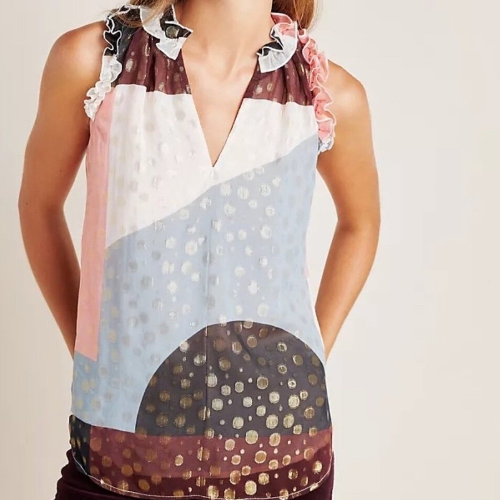 Anthropologie Fantasia Blouse Women's 10 Metallic Clip Dot Party‎ Top